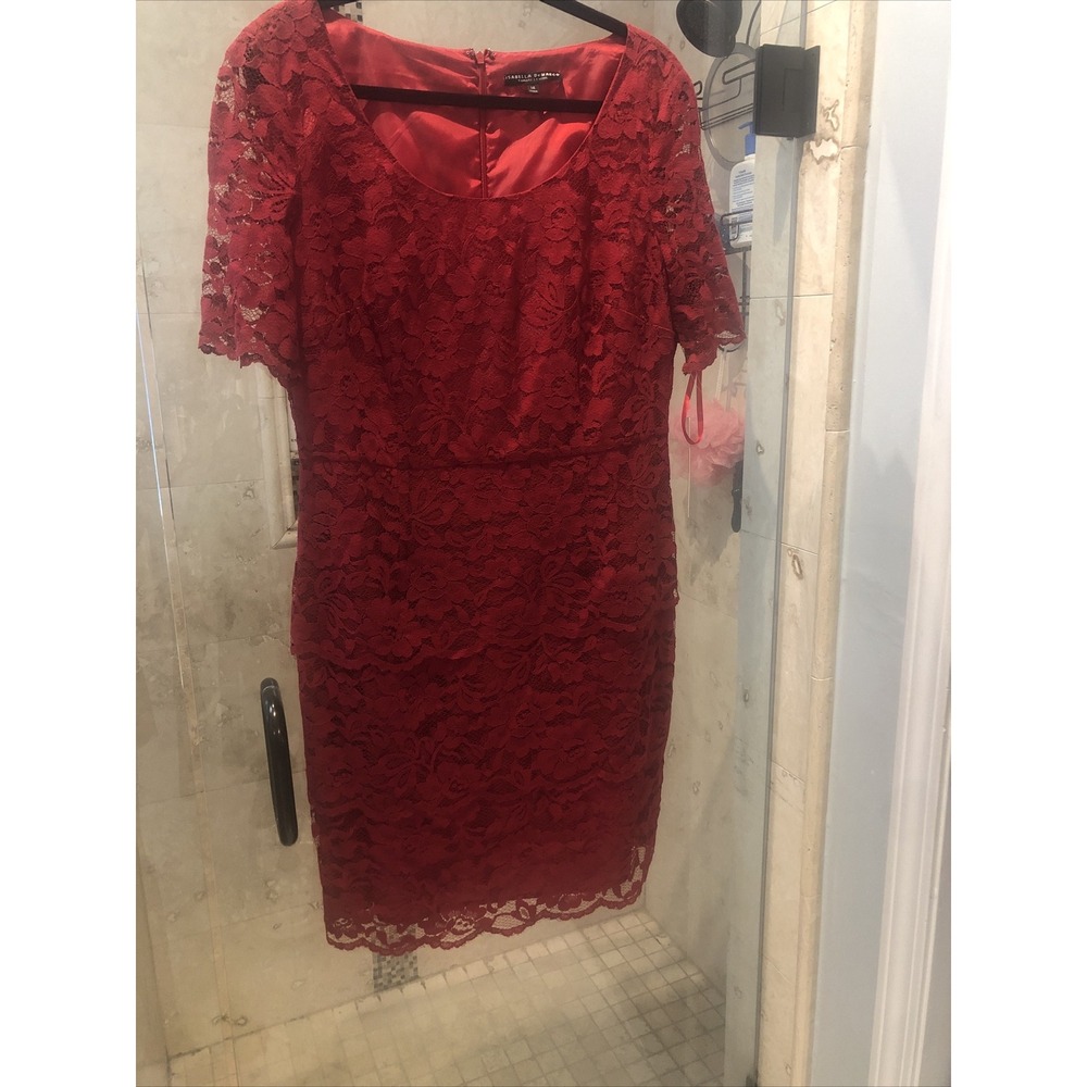 Tahari Isabella DeMarco Red Lace Sheath Dress Short Sleeve 14 NWT 3150M706